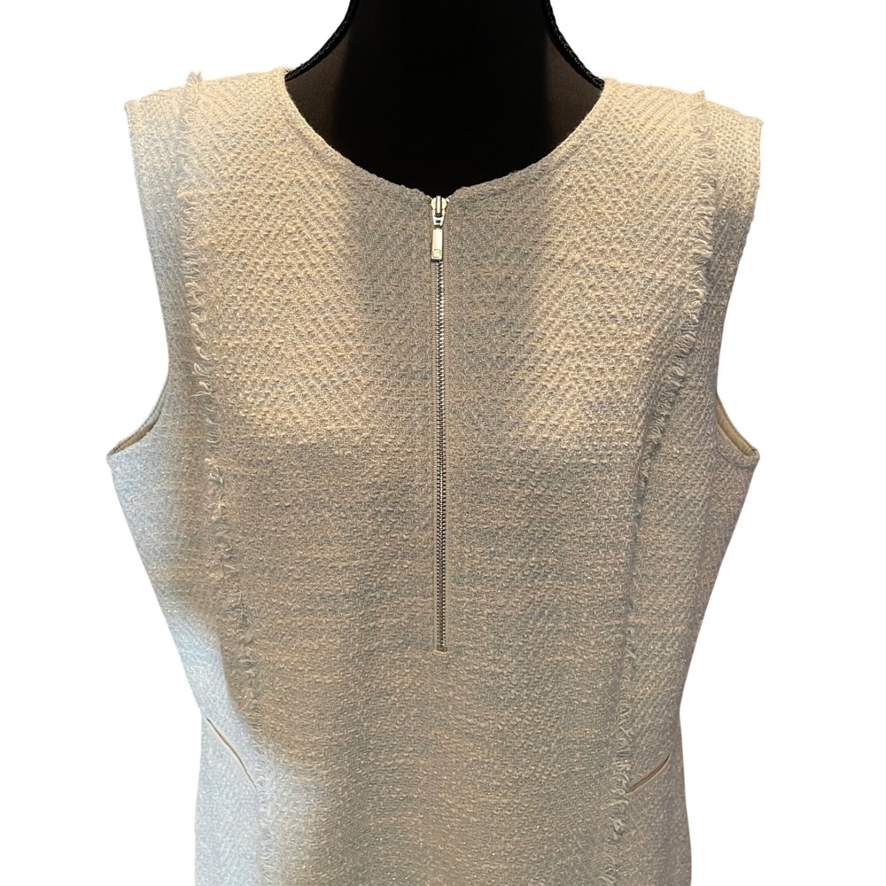 Lafayette 148 New York Adriane Blue Tweed Fringe Zip Front Dress 12 NWT Luxury